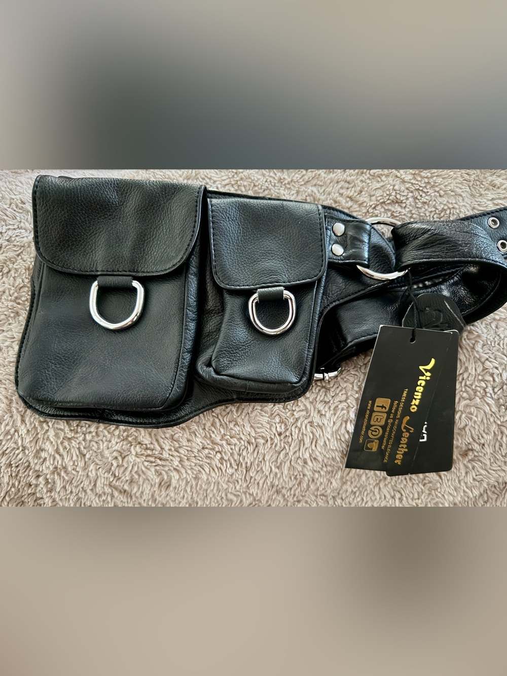 NWT Vicenzo Genuine Leather Festival Utility Belt Hip Bag Black